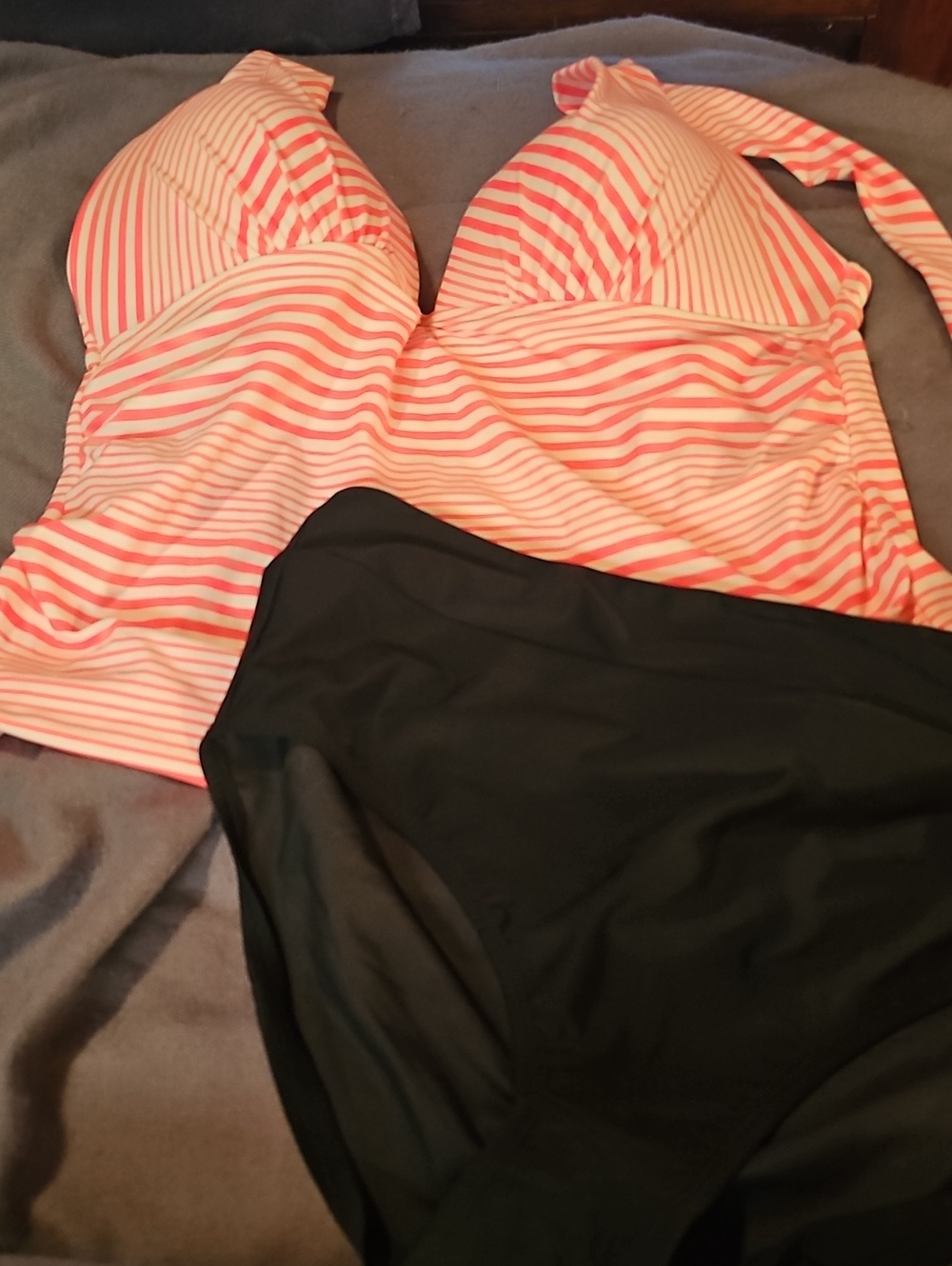 Catalina Pink and White Striped Tankini with Black Bikini Bottoms